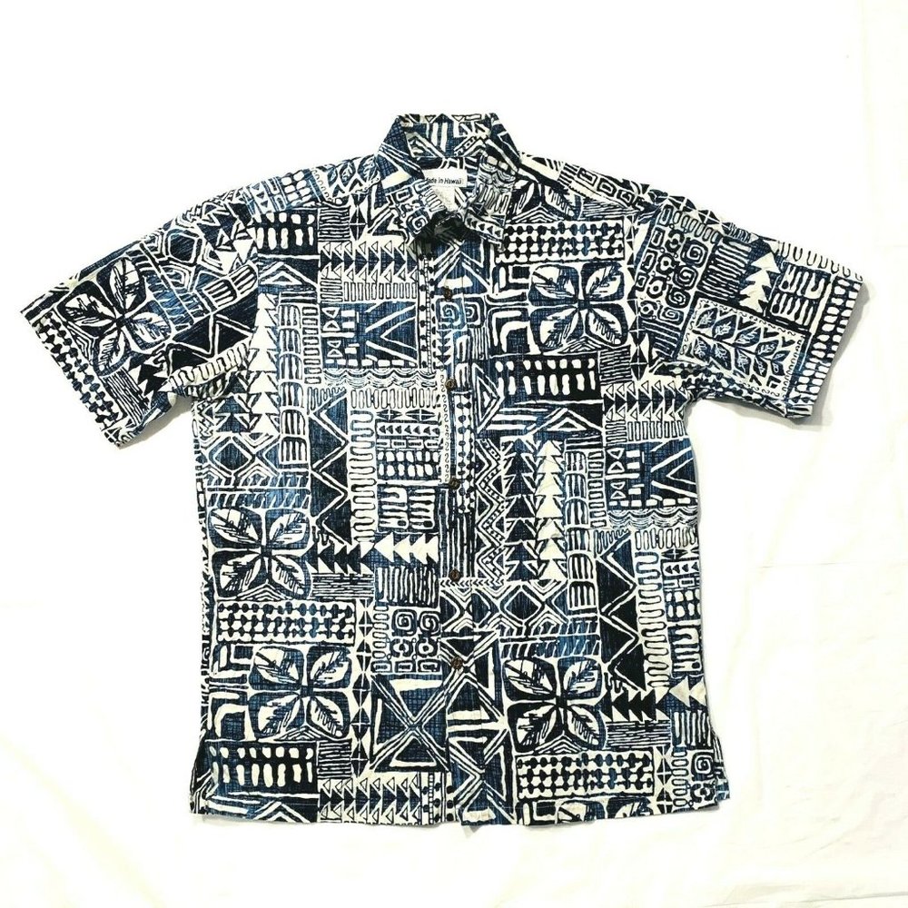 Made in Hawaii USA Cotton Hawaiian Printed Shirt S Blue White Floral‎ Tropical